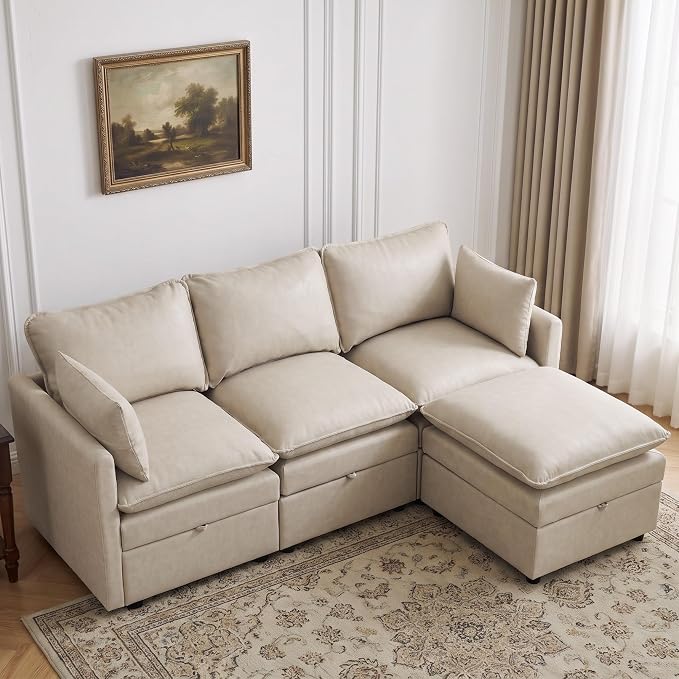 80" Beige Faux Leather Storage 3 Seater Sofa with Ottoman, Comfy Couch | Convertible Modular Sectional Sofa, L Shaped Oversized Couch, Upholstered Large Cloud Couch For Living Room, Apartment.