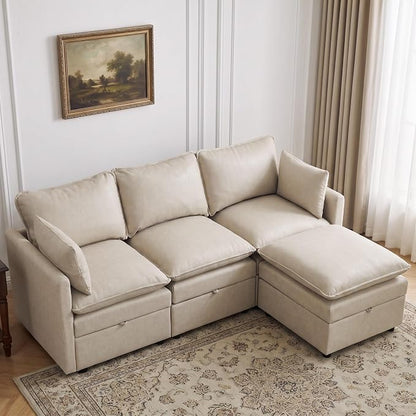 80" Beige Faux Leather Storage 3 Seater Sofa with Ottoman, Comfy Couch | Convertible Modular Sectional Sofa, L Shaped Oversized Couch, Upholstered Large Cloud Couch For Living Room, Apartment.