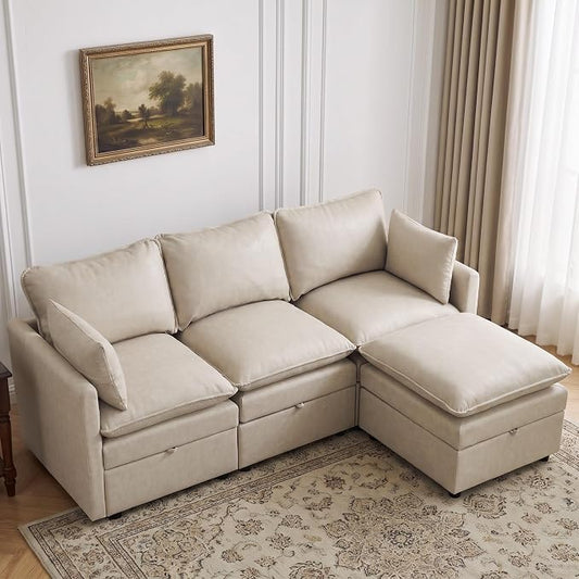 80" Beige Faux Leather Storage 3 Seater Sofa with Ottoman, Comfy Couch | Convertible Modular Sectional Sofa, L Shaped Oversized Couch, Upholstered Large Cloud Couch For Living Room, Apartment.