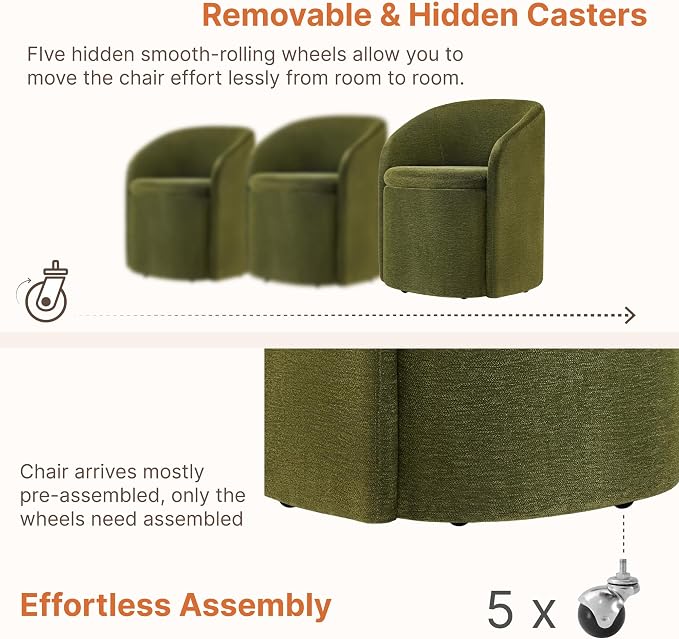 KISLOT Upholstered Dining Chairs with Casters, No Assembly Rolling Modern Dining Room Chairs with Hidden Storage & Barrel Backrest, Accent Chair for Bedroom, Living Room, Dressing, Green, Set of 4