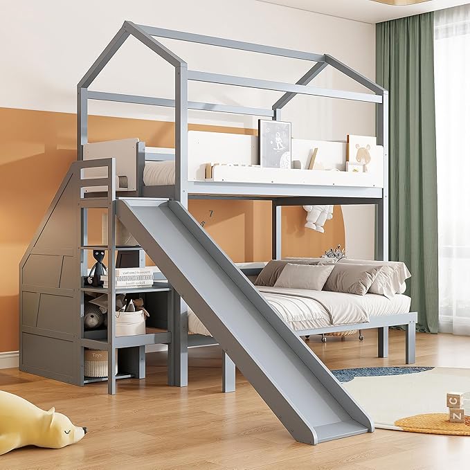Harper & Bright Designs Twin Over Full House Bunk Bed with Trundle and Slide, Metal Bunk Bed with Bookshelf and Stairs for Kids Teens Adults, Space Saving, No Box Spring Needed, Gray+White