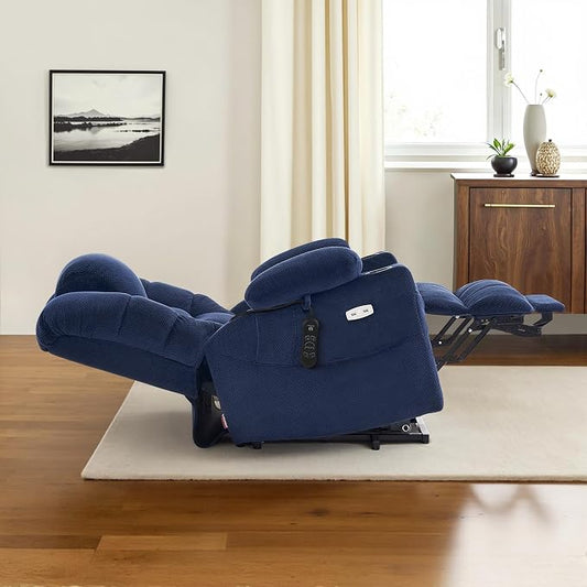 MCombo Triple Motor Power Lift Recliner Chair with Massage and Dual Heating, Adjustable Headrest for Elderly People, Fabric 7632 (Navy Blue, Medium)