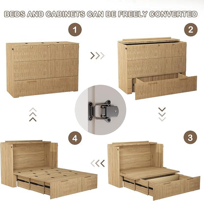 Full Size Murphy Bed Cabinet: Modern Murphy Bed Full Oak, Natural Wood Hidden Beds Cabinet with Charging Station, Contemporary Hideaway Beds for Apartments (Oak-Fluted)