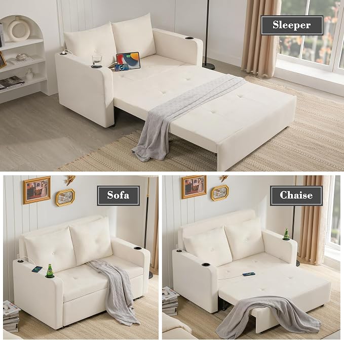 Krcix 3 in 1 Pull Out Couch, 56 Inch Velvet Sofa Bed, Convertible Sleeper Sofa for Living Room, Small Space, Upholstered Loveseat Couch Bed with USB, Cup Holder, Beige