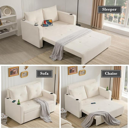 Krcix 3 in 1 Pull Out Couch, 56 Inch Velvet Sofa Bed, Convertible Sleeper Sofa for Living Room, Small Space, Upholstered Loveseat Couch Bed with USB, Cup Holder, Beige