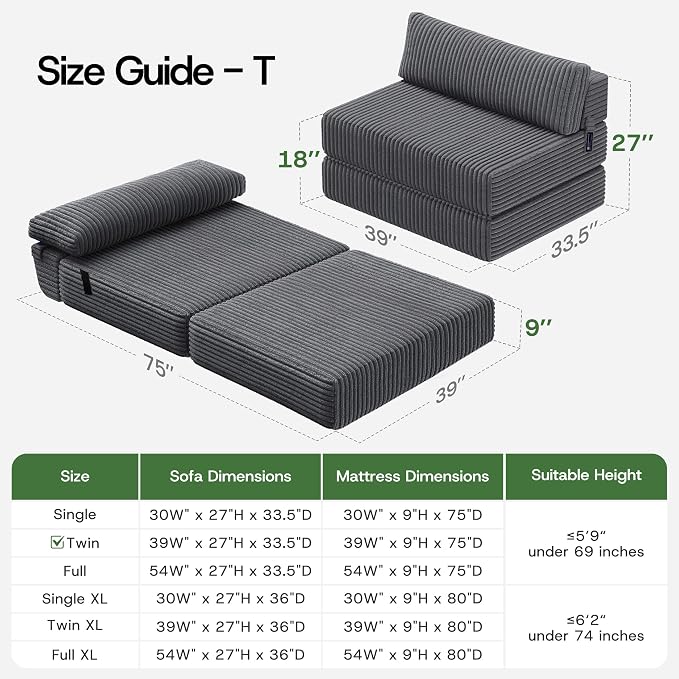 Convertible 4-in-1 Folding Sofa Bed Boneless Sleeper Chair Couch Foldable Chaise Lounger & Mattress Pocket Coils+Foam Medium Support, Portable No Assembly for Living Room/Bedroom, Twin