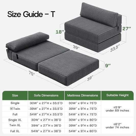 Convertible 4-in-1 Folding Sofa Bed Boneless Sleeper Chair Couch Foldable Chaise Lounger & Mattress Pocket Coils+Foam Medium Support, Portable No Assembly for Living Room/Bedroom, Twin