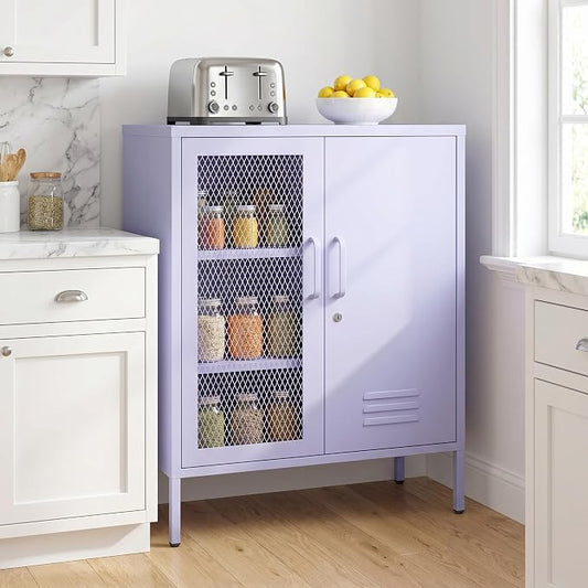 Purple Metal Storage Cabinet with Adjustable Shelf, Lockable 2 Door Sideboard, Multipurpose Widened Storage Locker for Kitchen Home Bedroom Living Room Office 33" H X 29.5" W X 13.8" D