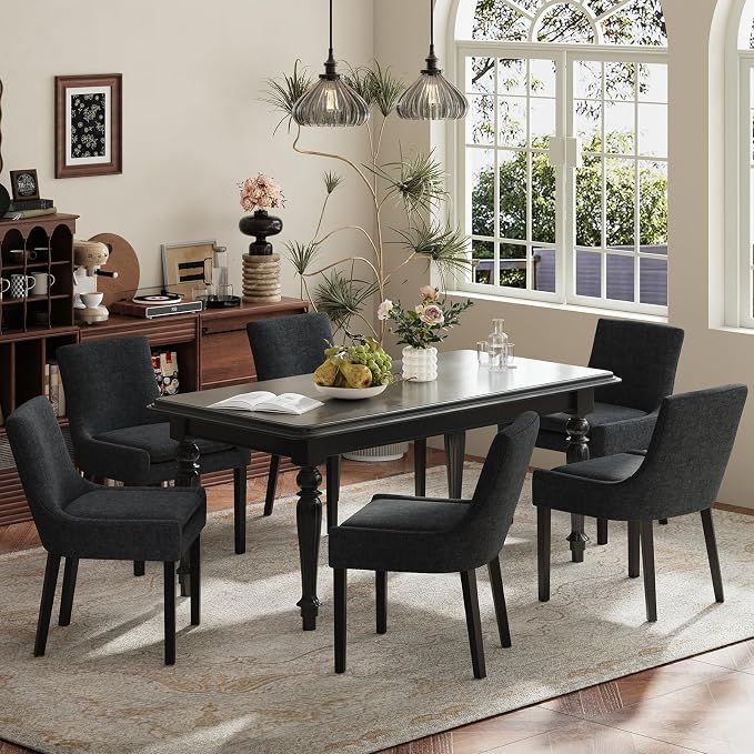 Modern Dining Room Chairs Set of 4 with Mid Back and Wood Legs, Upholstered Kitchen Chairs for Dining Room/Living Room, Black