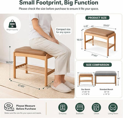 Solid Wood Shoe Bench Assembled, Shoe Rack Bench with Silicone Leather Cushion for Entryway, Living Room, Bedroom, Hallway, 11.8" x 23.6" x 16.5", Natural