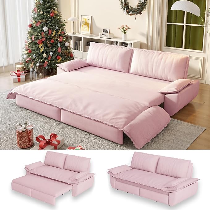 70.1" Sofa Bed Queen Size, Pull Out Couch Bed, 3-in-1 Convertible Sleeper Sofa with Cushion Armrest, Modern Velvet Futon Couch for Living Room, Small Space, Apartment, Bedroom, Pink