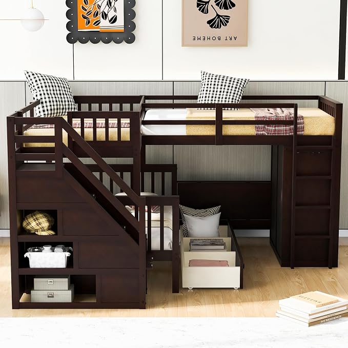 L-Shaped Bunk Bed for 4 Kids, Twin-Twin Over Full with 3 Drawers, Portable Desk and Wardrobe, Solid Wood Bedframe with Stairs and Full-Length Guardrails, No Box Spring Needed (Espresso)