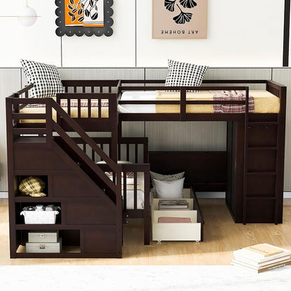 L-Shaped Bunk Bed for 4 Kids, Twin-Twin Over Full with 3 Drawers, Portable Desk and Wardrobe, Solid Wood Bedframe with Stairs and Full-Length Guardrails, No Box Spring Needed (Espresso)