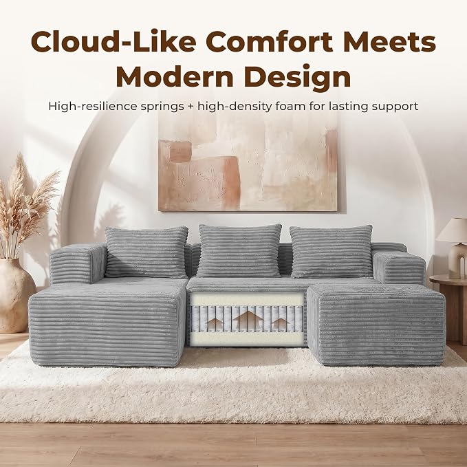 Modular Sectional U-Shaped Sofa with Deep Seat, Modern Boneless Comfy Corduroy Fluffy Couch with Side Pockets and Anti-Slip & Floor-Friendly Bottom for Living Room, No Assembly, Light Grey
