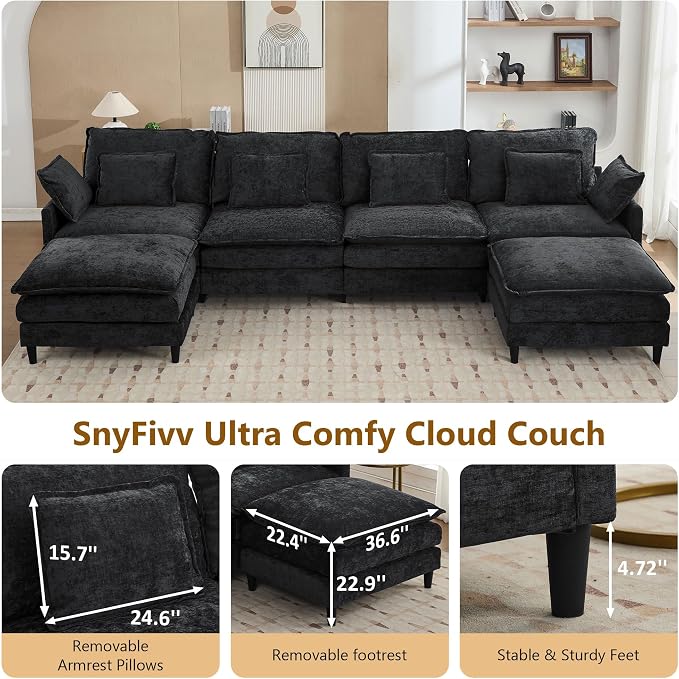 150.6" Chenille Modular Sectional Sofa, Convertible U Shaped Modular Sofa Comfy Cloud Couch with Ottoman, Side Pockets and 6 Throw Pillows for Living Room Black, 6 Seats