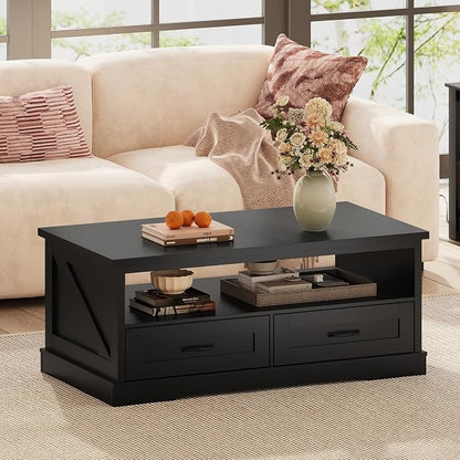 WLIVE Coffee Table for Living Room, 43" Framhouse Coffee Table with 2 Storage Drawers, Modern Center Table with Open Display Area, Elegant Curved Base, Black