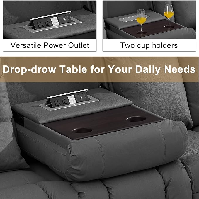 URRED Power Loveseat Recliner Sofa with Massage and Heat, Wall Hugger Reclining Loveseat with Console, RV Couch Home Theater Seating with LED Lights for Living Room (Gray, 89.8" - 3 Seats)
