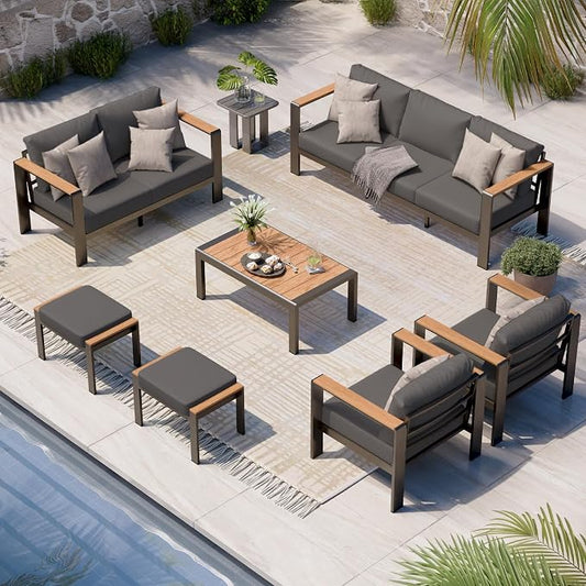 Aluminum Outdoor Patio Furniture Set with Coffee Table, 7 Piece Patio Conversation Sets with Thick Cushion, Ottomans, Outdoor Sectional Furniture Set for Porch, Balcony, Deck, Yard, Graphite