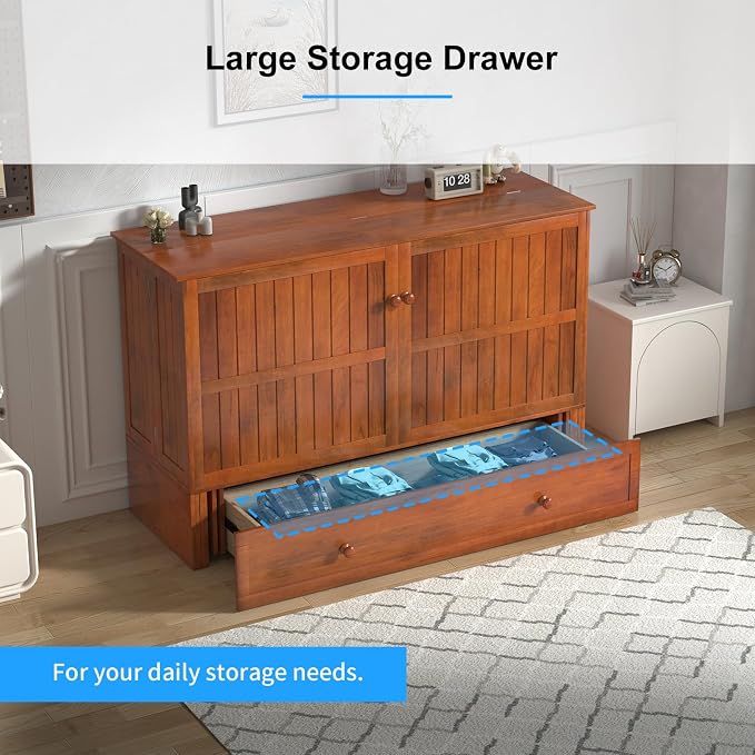 PUREMIND Queen Murphy Bed with Mattress Included, Murphy Cabinet Bed with Storage Drawer, Built-in Charging Station, Solid Wood Frame, Space-Saving Cabinet Beds for Small Spaces/Guest Room (Cherry)