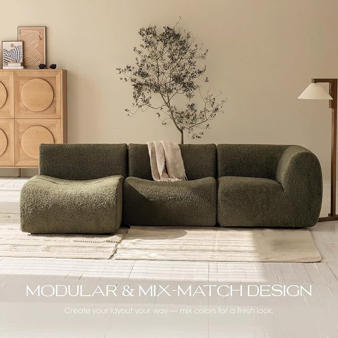 106" Curved Sectional Sofa with Chaise, Boneless 3 Seater Modular Couch, Reversible L-Shaped Couches with High-Density Foam, Modern Lounge Comfort Sherpa Sofas for Living Room – No Assembly, Green