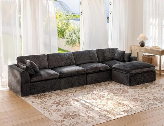 146" Modular Sectional Sofa – Modern Cloud Couch with Deep Chenille Seats, L-Shaped Boneless Sofa, Pet-Friendly, No Assembly, Warm White (4 Seater + 1 Ottoman)