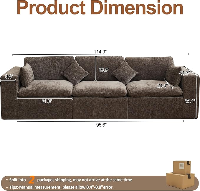115''Cloud Boneless Sectional Couch, Modular Sectional Sofa Deep Seat, Oversized Upholstered Convertible Comfy 3 Seater Chenille Memory Foam Sofa Couches for Living Room, Brown