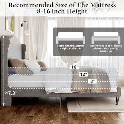 Full Size Bed Frame Upholstered Platform Bed with Tall Arched Wingback Headboard, Sturdy Wooden Slat Support, Easy Assembly No Box Spring Required, Soft Fabric Bed for Bedroom, Light Grey