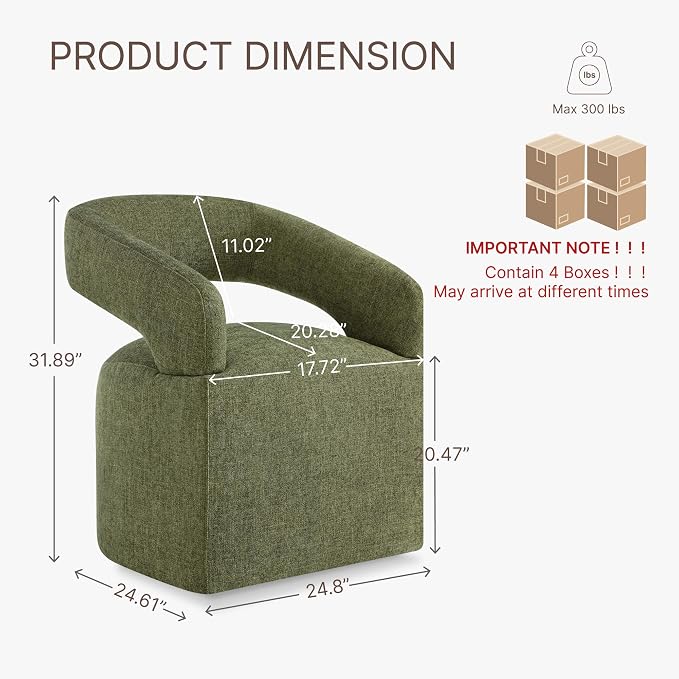 KISLOT Upholstered Dining Chairs Set of 4, Modern Arm Kitchen & Dining Room Chairs with Hidden Casters, Linen Fabric Padded Rolling Chairs, Sturdy Wood Frame, 300 lbs Capacity, Moss Green