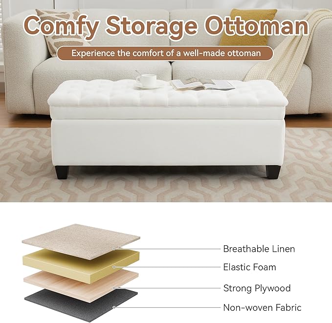 WUTUTUEE 51" Fabric Storage Ottoman Bench, Upholstered Rectangle End of Bed Storage Ottoman Tufted Living Room Bedroom Bench with Safety Hinge, Solid Wood Legs, Loads 500 lb(Beige)