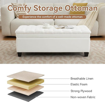 WUTUTUEE 51" Fabric Storage Ottoman Bench, Upholstered Rectangle End of Bed Storage Ottoman Tufted Living Room Bedroom Bench with Safety Hinge, Solid Wood Legs, Loads 500 lb(Beige)