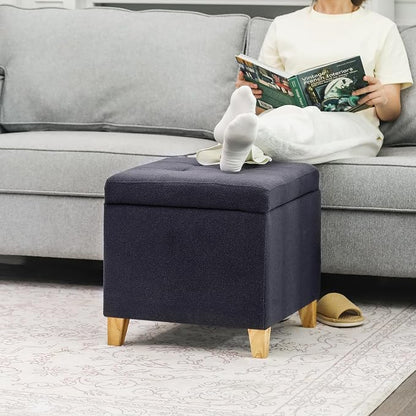 Adeco Storage Ottoman Bench with Solid Wood Legs, Dark Grey Cotton Linen Upholstered Tufted Footstool, Hinged Lid Cube for Living Room, Bedroom, Entryway, 17.7" Square