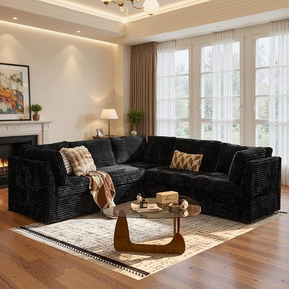 ovios Modular Sectional Sofa Couch with V-Shape Chaise Convertible, Comfy Plush Corduroy Cloud Couches, Modern Luxury Deep Seat Sofas Set for Living Room, 5-Seater, Black