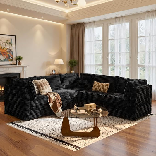 ovios Modular Sectional Sofa Couch with V-Shape Chaise Convertible, Comfy Plush Corduroy Cloud Couches, Modern Luxury Deep Seat Sofas Set for Living Room, 5-Seater, Black