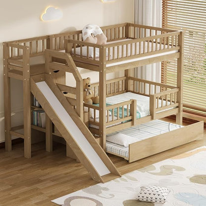 Twin Over Twin Bunk Bed with Storage Staircase, Slide and Trundle,for Kids Teens Adults Bedroom Use (Walnut-ST, Twin Over Twin)