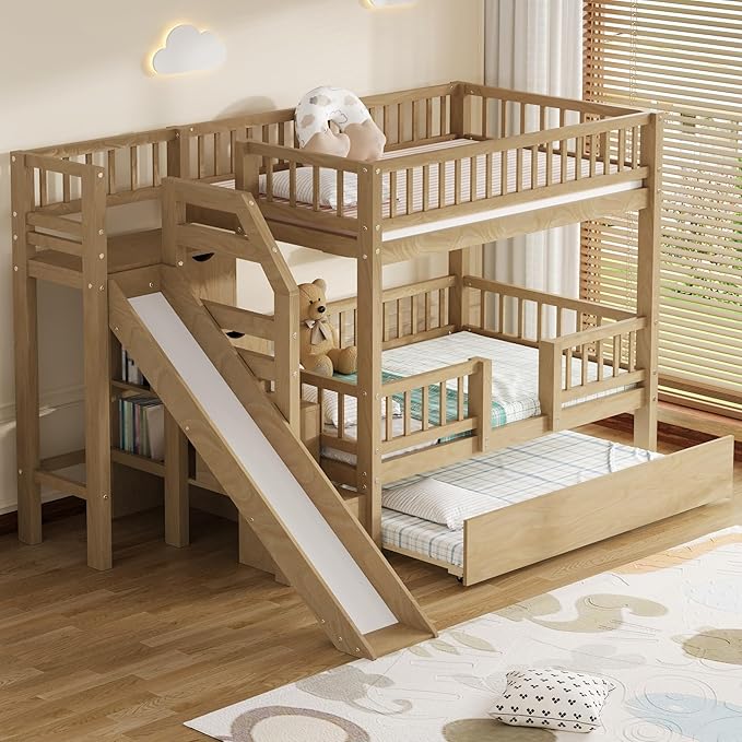 RUNNA Twin Over Twin Bunk Bed with Slide,Trundle,Storage Stairs,Walnut | Twin over twin bunk bed with slide,trundle,storage stairs,solid pine wood frame, guardrails,no box spring needed,walnut