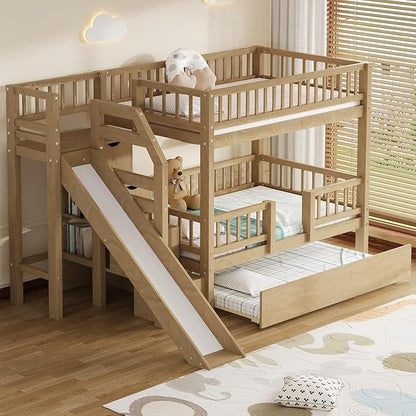 RUNNA Twin Over Twin Bunk Bed with Slide,Trundle,Storage Stairs,Walnut | Twin over twin bunk bed with slide,trundle,storage stairs,solid pine wood frame, guardrails,no box spring needed,walnut