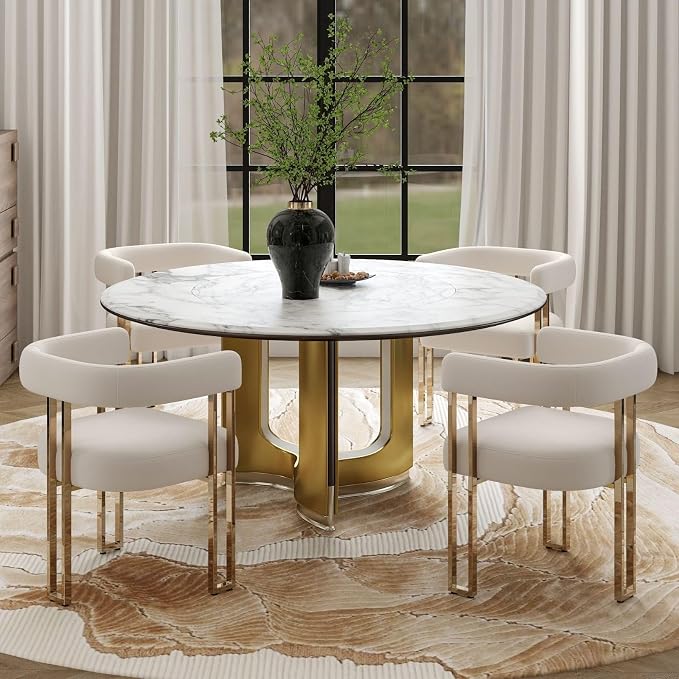 Hyfirm Set of 4 Beige and Gold Modern Dining Chairs, Velvet Upholstered Barrel Armchairs with Metal Legs for Kitchen Island, Mid Century Accent Chairs for Dining Room Living Room, Open-Back