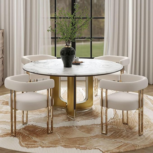 Hyfirm Set of 4 Beige and Gold Modern Dining Chairs, Velvet Upholstered Barrel Armchairs with Metal Legs for Kitchen Island, Mid Century Accent Chairs for Dining Room Living Room, Open-Back