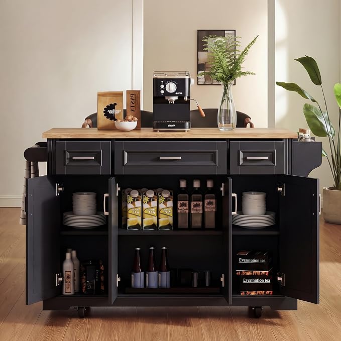 Large Kitchen Island with Rubber Wood Drop Leaf, Rolling Kitchen Cart with Ample Storage on Wheels with Doors and Drawers, Embossed Texture for Dining Room (Black, Silver Handle, 54Inch)