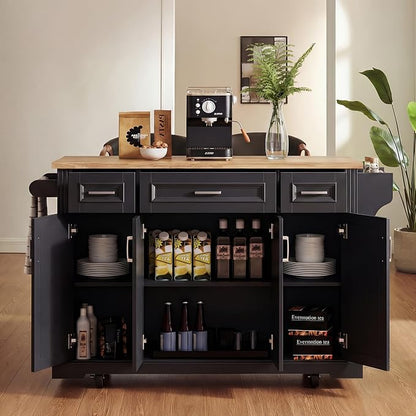 Large Kitchen Island with Rubber Wood Drop Leaf, Rolling Kitchen Cart with Ample Storage on Wheels with Doors and Drawers, Embossed Texture for Dining Room (Black, Silver Handle, 54Inch)