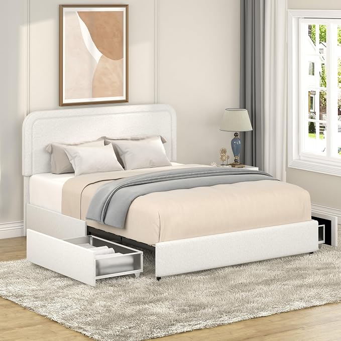 Ball & Cast Queen Size Bed Frame,Boucle Upholstered Platform Bed with Patented 2 Drawers Storage & Curved Stitched Headboard,Wooden Slats Support,No Box Spring Needed,Easy Assembly,Ivory