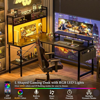 Aheaplus L Shaped Gaming Desk with Power Outlets & LED Lights, Small L- Shaped Desk Computer Corner Desk with Monitor Stand & Storage Shelf, Home Office Desk Writing Desk with Storage Bag, Black