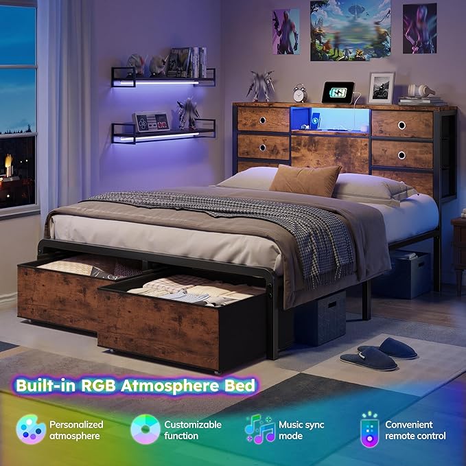 Homkdom Full Size Bed Frame with 8 Fabric Drawers Storage, LED Lights & Charging Station, Metal Platform Bed Frame with Headboard Storage Providing Noise-Free and Easy Assembly,Modern Brown