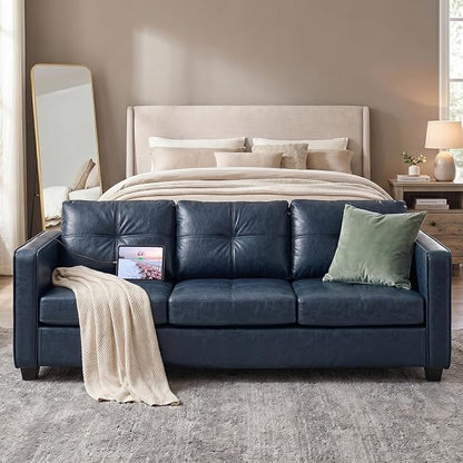TYBOATLE Faux Leather Couch w/Side Pockets, Mid-Century Modern Tufted Comfy Leather Couches w/USB and Wider Arms, 3 Seater Sofa for Office, Apartment, Bedroom, Blue
