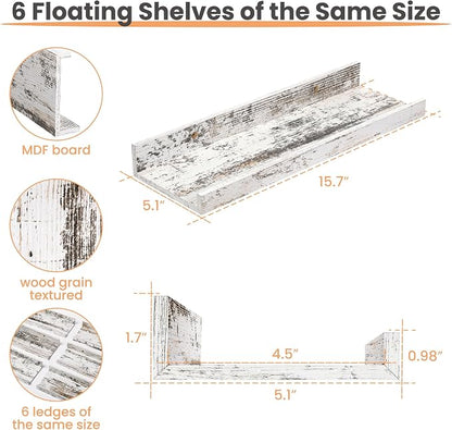upsimples Floating Shelves for Wall, Wall Shelves for Decor Storage Set of 6, Wall Mounted Wood Shelf for Bedroom, Living Room, Bathroom, Kitchen, Picture Ledge Shelf, Rustic White
