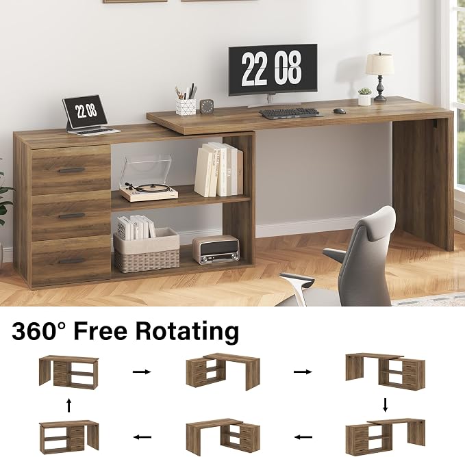 HSH L Shaped Office Desk with Drawers Shelves 55-76 Inch, Corner Computer Desk with Storage 360 Rotating Long for Work, Executive, Study, Writing, Teacher, Bedroom Modern Gaming Table Farmhouse