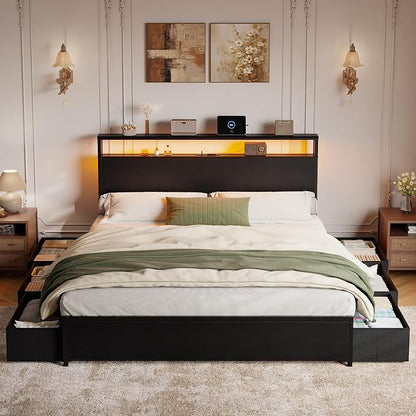 Forestell Queen Bed Frame with Headboard & 6 Drawers, Metal Platform Bed Frame Queen Size with LED Lights & Charging Station, 2 Tier Shelf Storage Bedframe-No Box Spring Needed, Noise Free, Black