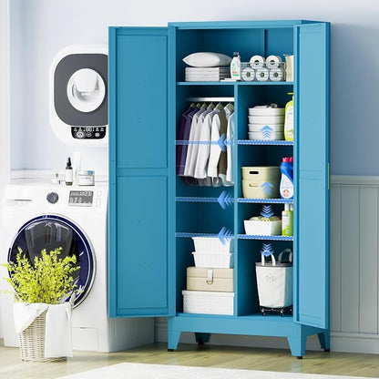 Metal Armoire Wardrobe Closet, 71" Steel Clothing Storage Cabinet with 2 Doors, Hanging Rod & Shelves, Bedroom Armoire Closet, Blue Wardrobe Cabinets for Bedroom