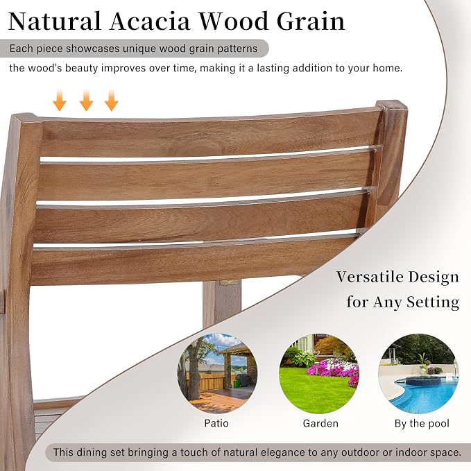 VilroCaz 5-Piece Acacia Wood Outdoor Dining Set for 4, All-Weather 47.2" Round Dining Table with 4 Armchairs and Slatted Design for Patios, Gardens, Pool Sides, and Lawn Areas (Light Brown-4.11)