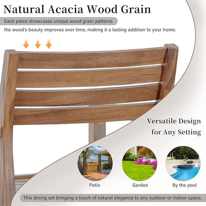 VilroCaz 5-Piece Acacia Wood Outdoor Dining Set for 4, All-Weather 47.2" Round Dining Table with 4 Armchairs and Slatted Design for Patios, Gardens, Pool Sides, and Lawn Areas (Light Brown-4.11)